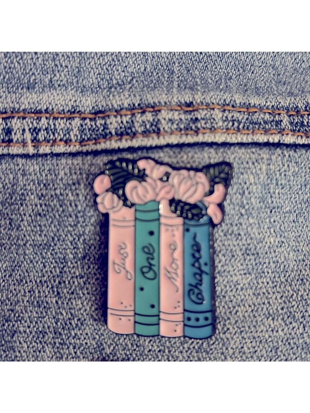 Just One More Chapter bookworm pin
